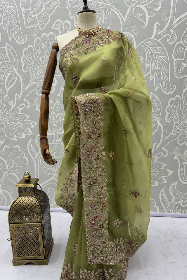 Green Sequin & Stone Embellished Silk Saree (ACA6926)