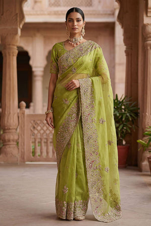 Green Sequin & Stone Embellished Silk Saree (ACA6926)