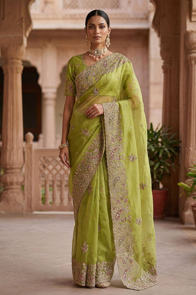 Green Sequin & Stone Embellished Silk Saree (ACA6926)