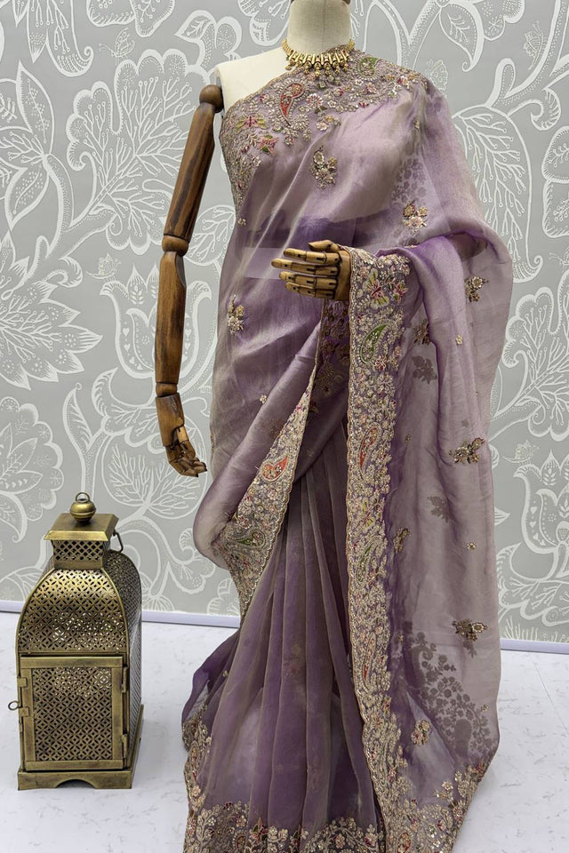 Lavender Sequin & Stone Embellished Silk Saree (ACA6927)