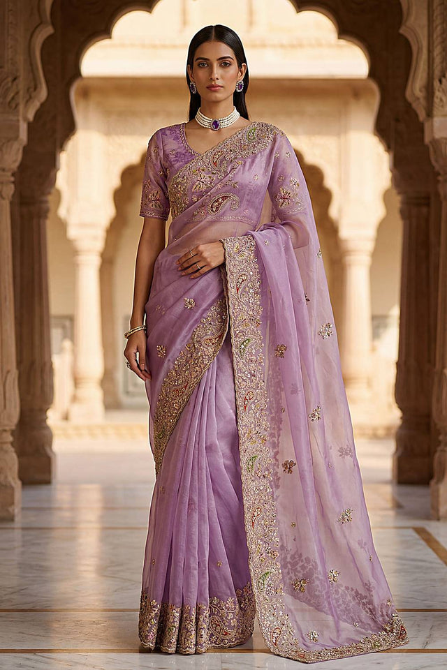 Lavender Sequin & Stone Embellished Silk Saree (ACA6927)