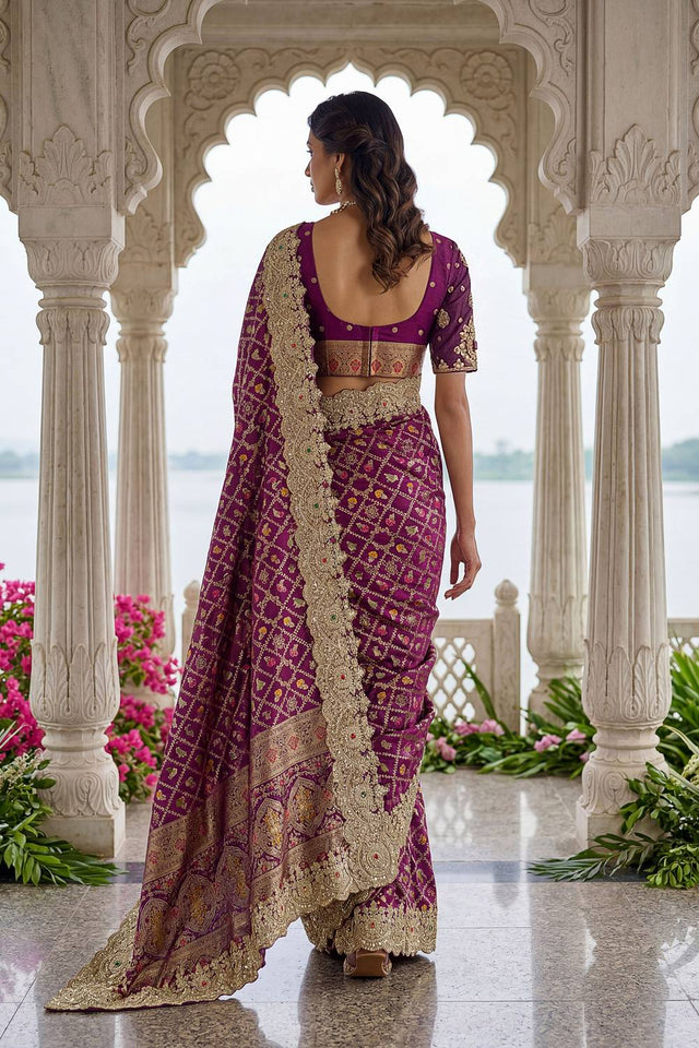 Violet Sequin & Stone Embellished Banarasi Silk Saree (ACA6928)