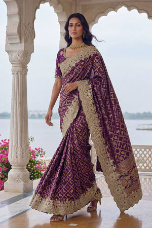 Violet Sequin & Stone Embellished Banarasi Silk Saree (ACA6928)