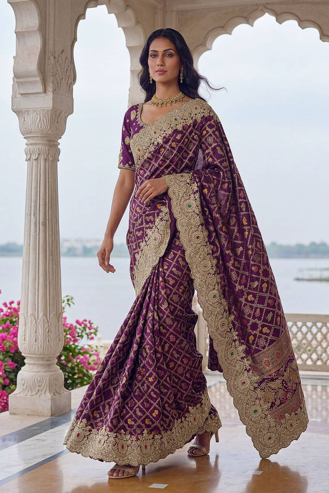 Violet Sequin & Stone Embellished Banarasi Silk Saree (ACA6928)