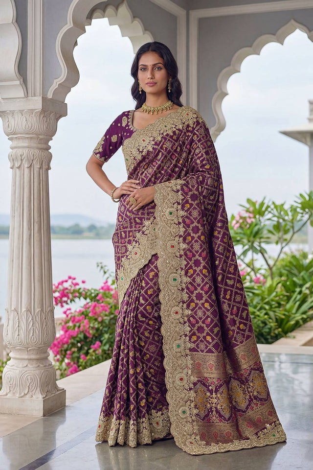 Violet Sequin & Stone Embellished Banarasi Silk Saree (ACA6928)