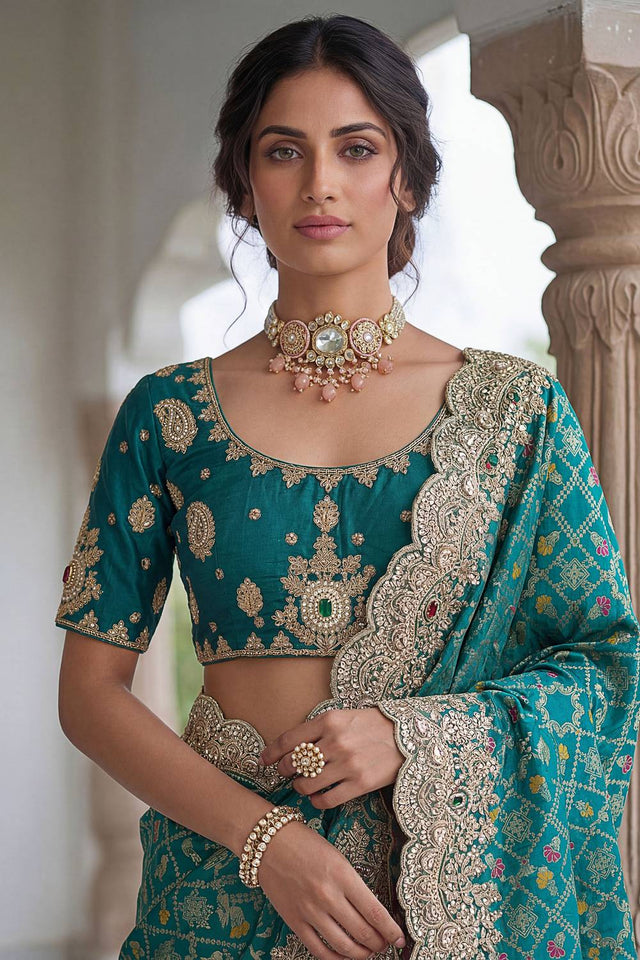 Turquoise Sequin & Stone Embellished Banarasi Silk Saree (ACA6929)