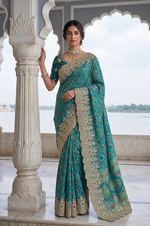 Turquoise Sequin & Stone Embellished Banarasi Silk Saree (ACA6929)