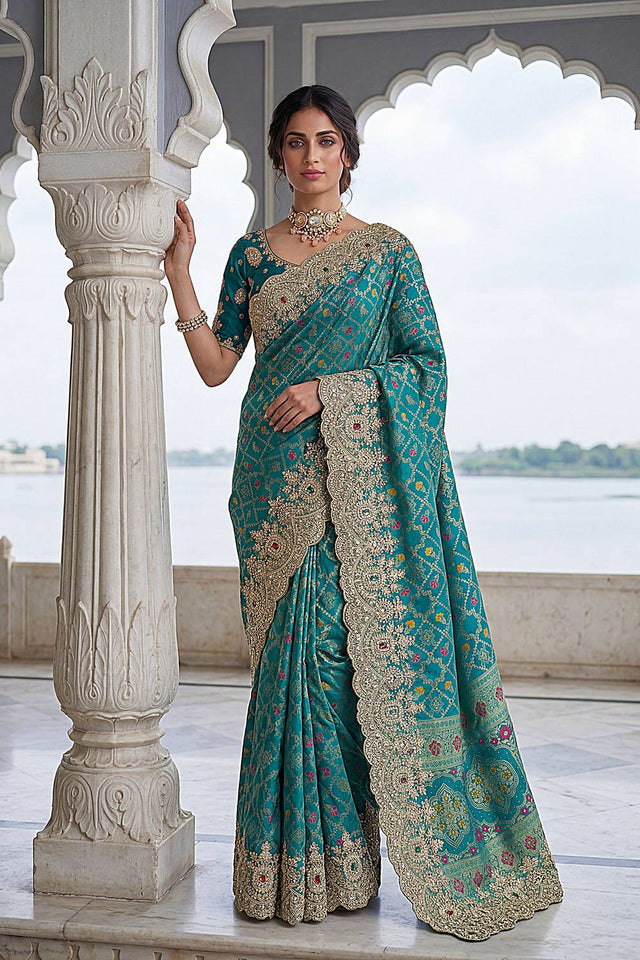 Turquoise Sequin & Stone Embellished Banarasi Silk Saree (ACA6929)