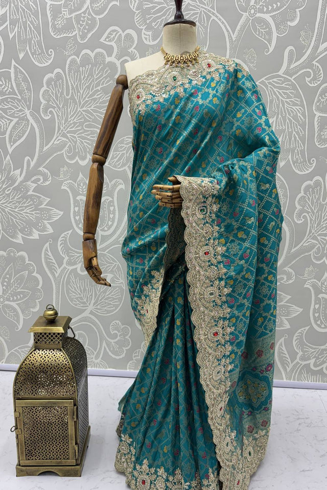 Turquoise Sequin & Stone Embellished Banarasi Silk Saree (ACA6929)