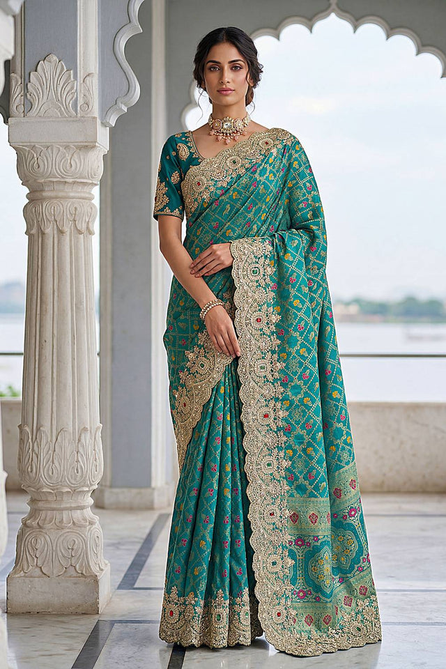 Turquoise Sequin & Stone Embellished Banarasi Silk Saree (ACA6929)