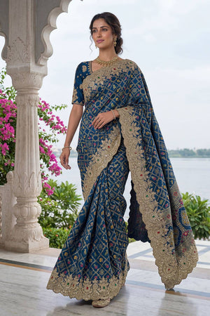 Royal Blue Sequin & Stone Embellished Banarasi Silk Saree (ACA6930)
