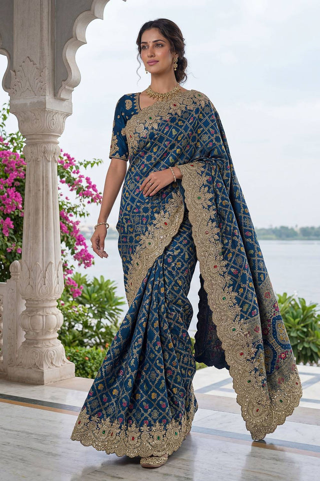 Royal Blue Sequin & Stone Embellished Banarasi Silk Saree (ACA6930)