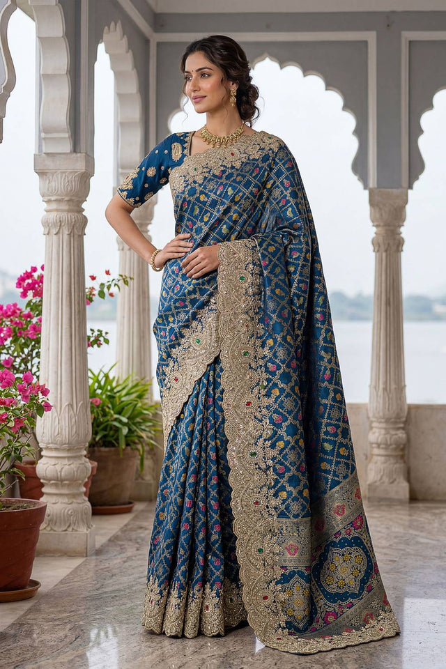 Royal Blue Sequin & Stone Embellished Banarasi Silk Saree (ACA6930)