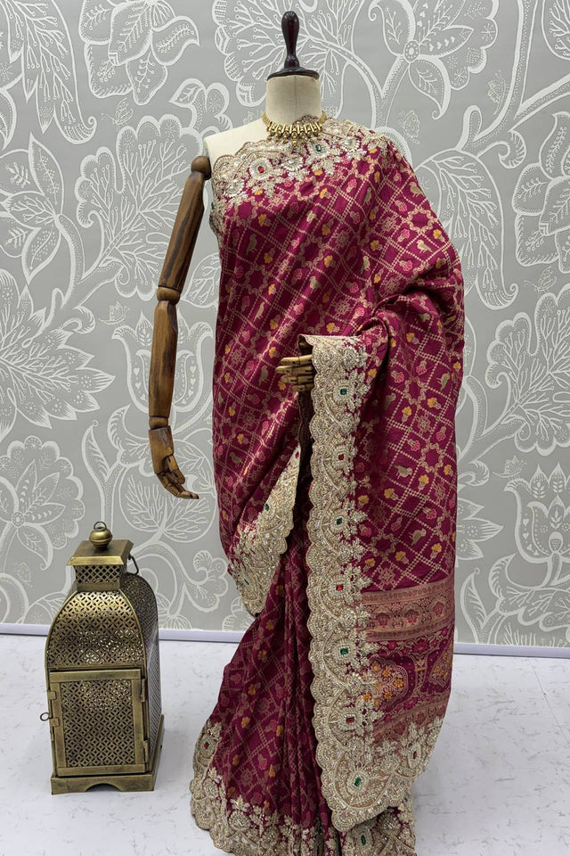 Pink Sequin & Stone Embellished Banarasi Silk Saree (ACA6931)