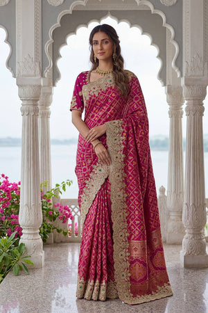 Pink Sequin & Stone Embellished Banarasi Silk Saree (ACA6931)