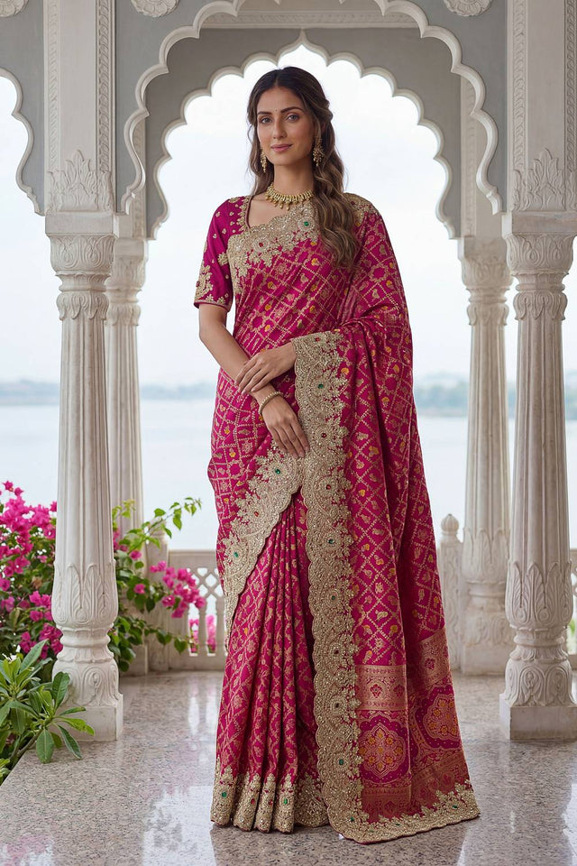 Pink Sequin & Stone Embellished Banarasi Silk Saree (ACA6931)