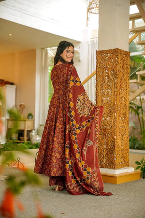 Rust Floral Printed Muslin Kurti Palazzo Set (ACA6932)