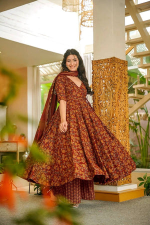 Rust Floral Printed Muslin Kurti Palazzo Set (ACA6932)