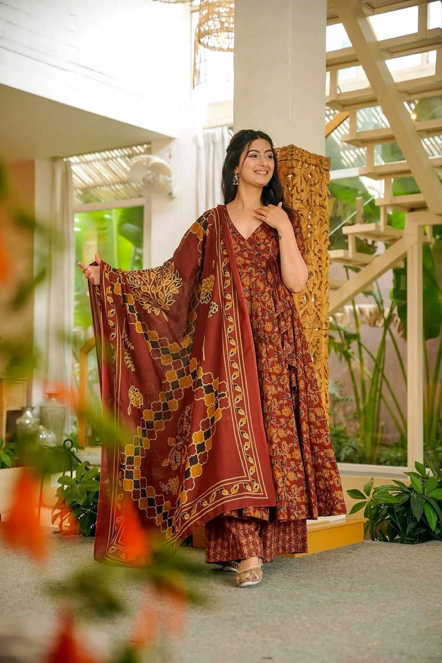 Rust Floral Printed Muslin Kurti Palazzo Set (ACA6932)