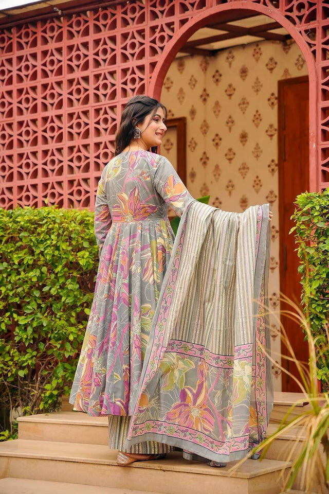 Grey Floral Printed Muslin Kurti Palazzo Set (ACA6933)