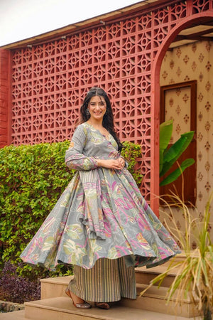 Grey Floral Printed Muslin Kurti Palazzo Set (ACA6933)