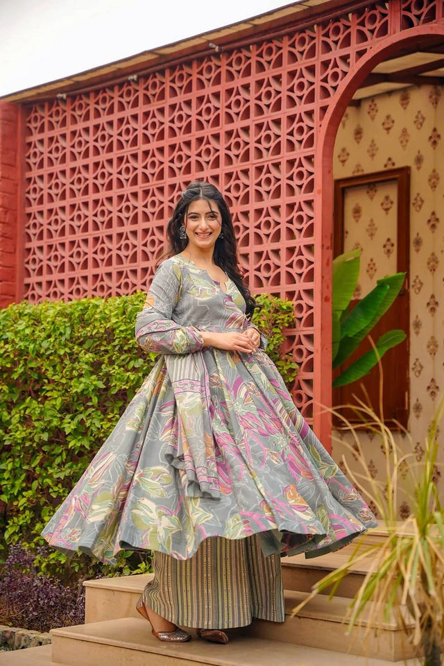 Grey Floral Printed Muslin Kurti Palazzo Set (ACA6933)