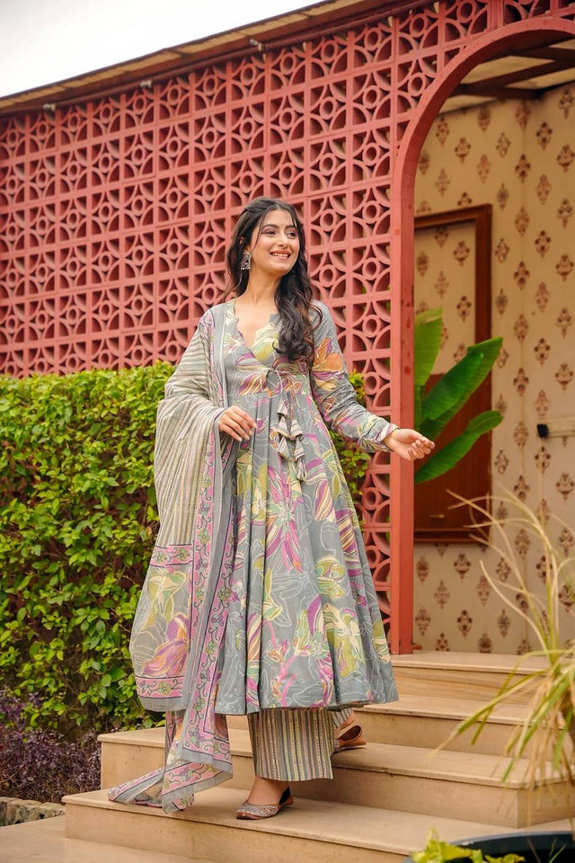 Grey Floral Printed Muslin Kurti Palazzo Set (ACA6933)