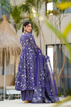 Blue Floral Printed Muslin Kurti Palazzo Set (ACA6934)