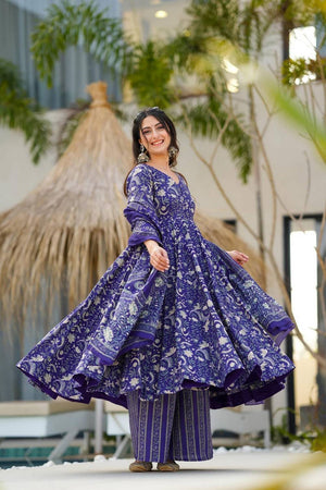 Blue Floral Printed Muslin Kurti Palazzo Set (ACA6934)