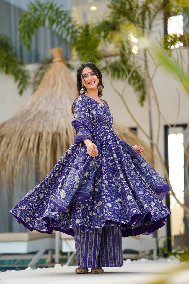 Blue Floral Printed Muslin Kurti Palazzo Set (ACA6934)