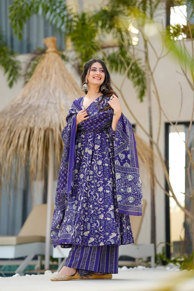 Blue Floral Printed Muslin Kurti Palazzo Set (ACA6934)