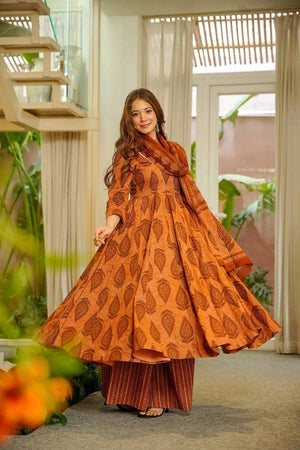 Orange Printed Muslin Kurti Palazzo Set (ACA6935)