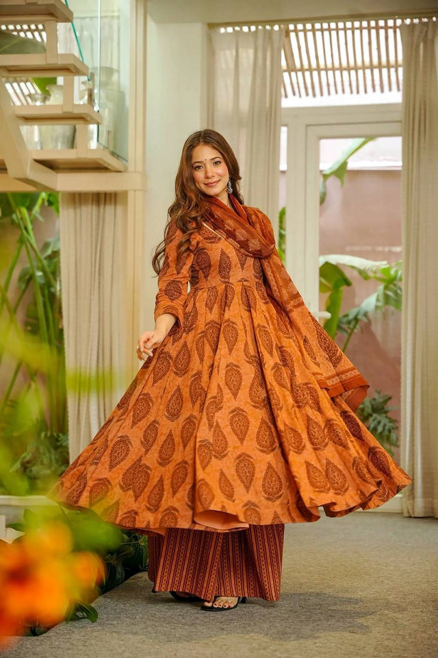 Orange Printed Muslin Kurti Palazzo Set (ACA6935)