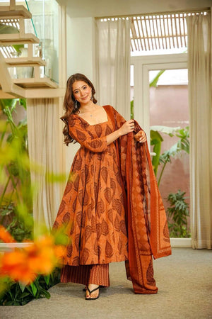 Orange Printed Muslin Kurti Palazzo Set (ACA6935)