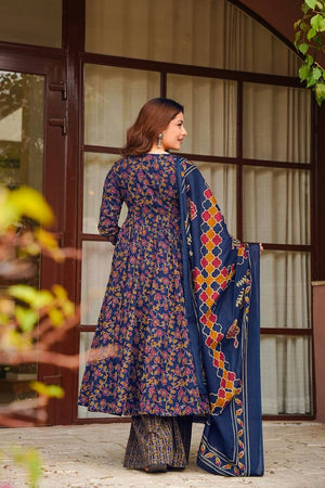 Blue Floral Printed Muslin Kurti Palazzo Set (ACA6936)