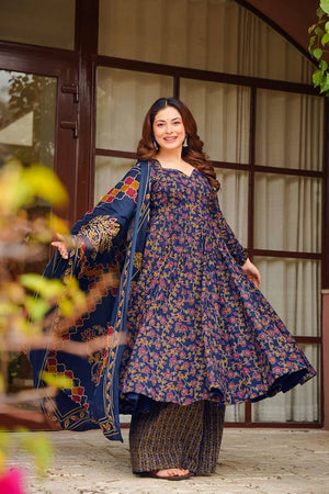 Blue Floral Printed Muslin Kurti Palazzo Set (ACA6936)