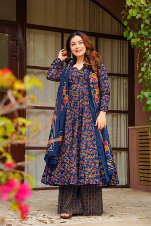 Blue Floral Printed Muslin Kurti Palazzo Set (ACA6936)
