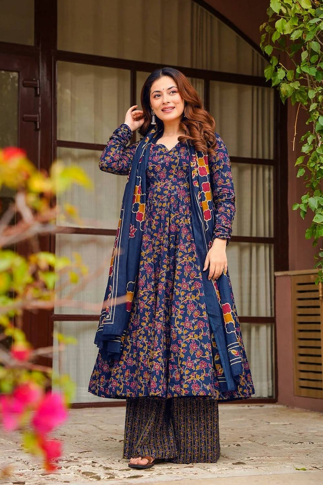 Blue Floral Printed Muslin Kurti Palazzo Set (ACA6936)