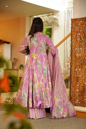 Pink Floral Printed Muslin Kurti Palazzo Set (ACA6937)