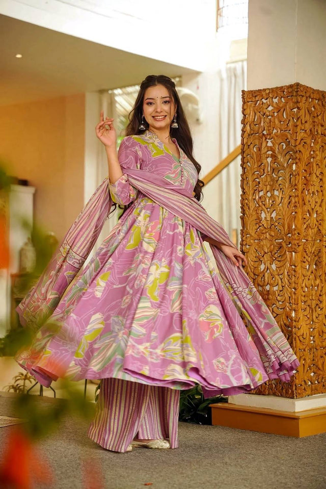 Pink Floral Printed Muslin Kurti Palazzo Set (ACA6937)