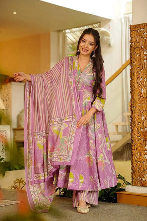 Pink Floral Printed Muslin Kurti Palazzo Set (ACA6937)