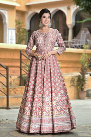 Mauve Floral Printed Silk Gown (ACA6938)