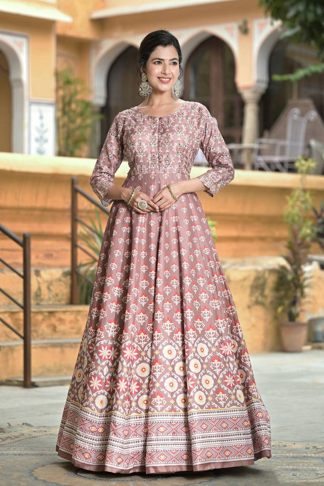 Mauve Floral Printed Silk Gown (ACA6938)