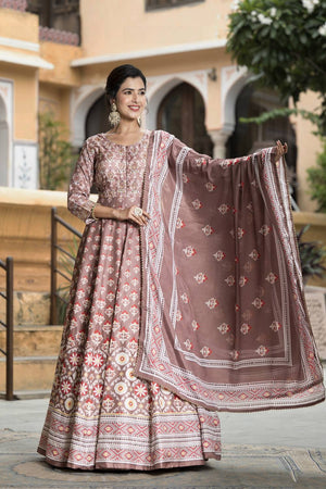 Mauve Floral Printed Silk Gown (ACA6938)