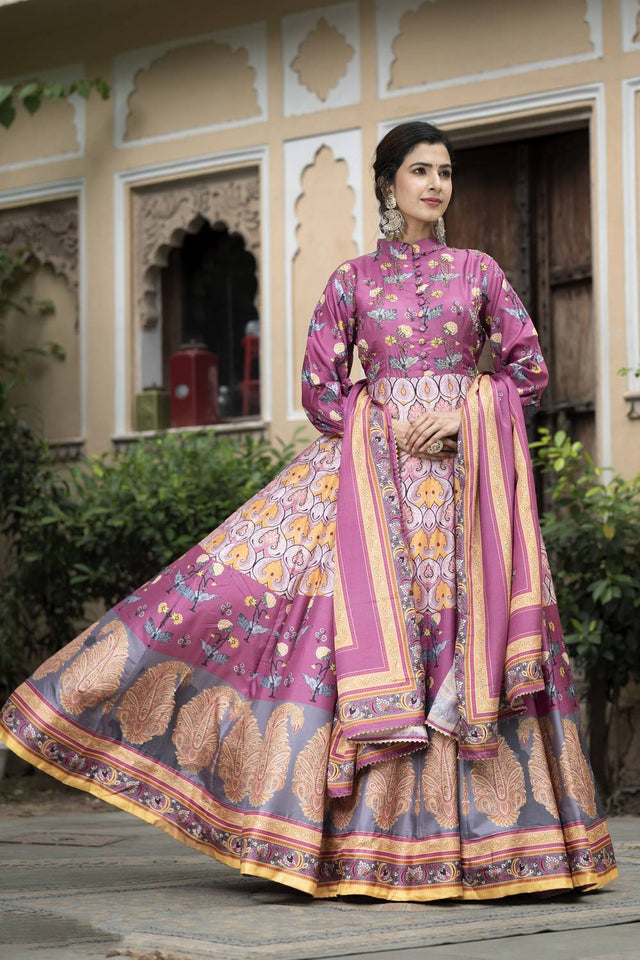 Pink Printed Silk Gown (ACA6939)