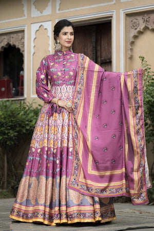 Pink Printed Silk Gown (ACA6939)