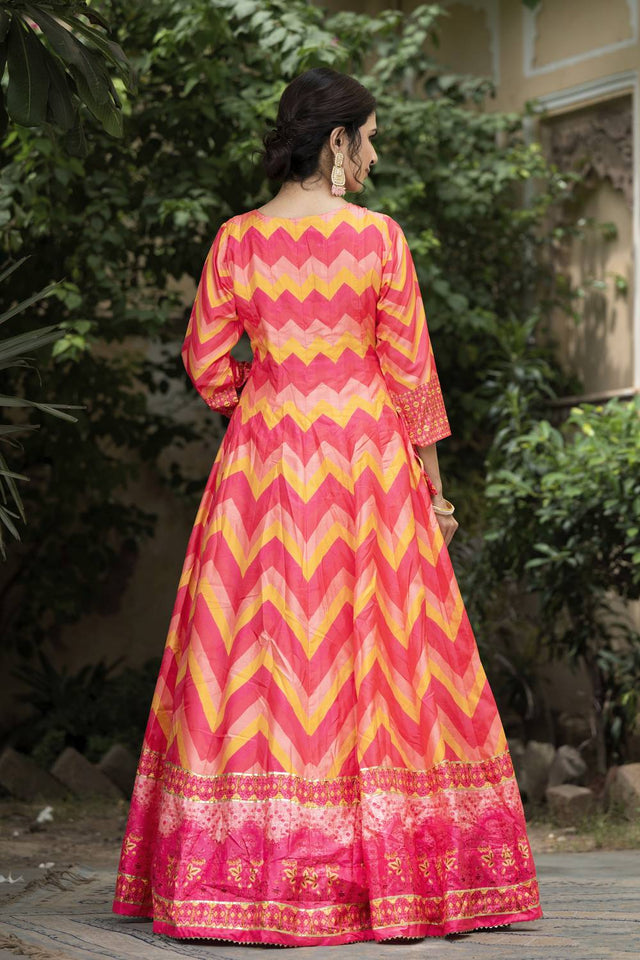 Red Printed Silk Gown (ACA6940)
