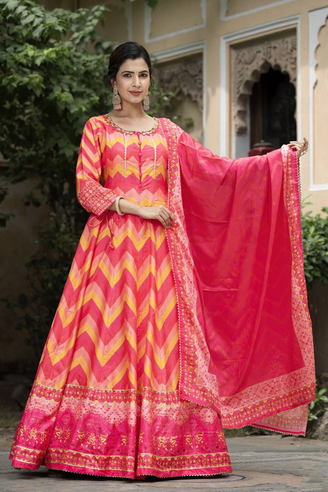 Red Printed Silk Gown (ACA6940)