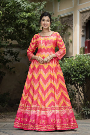 Red Printed Silk Gown (ACA6940)
