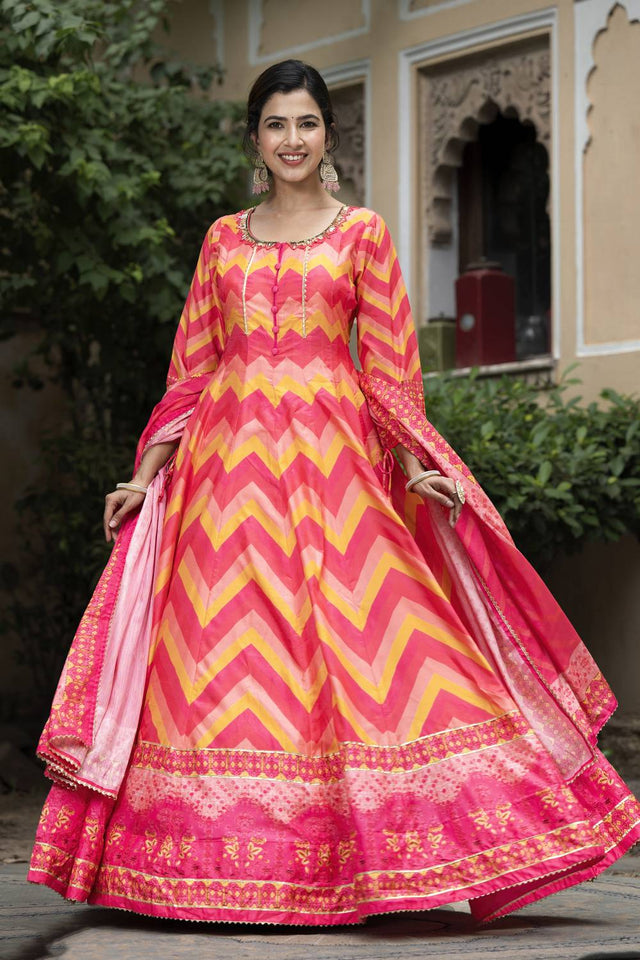 Red Printed Silk Gown (ACA6940)